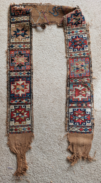 Inscribed Shahsevan sumak band with Memling guls and stars. Measures about 227x16cm including the macrame end finishes. The length of the sumak portion alone is 185cm. The colors are all good and  ...