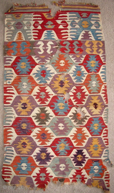 Anatolian Kilim Fragment with particularly pleasing purples. 
Central Anatolia, circa 1800 (2'8"x4'10") 81x147cm. All Colors Are Excellent.                