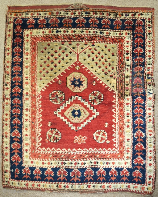 Small 19th century Bergama prayer rug, soft wool, generally intact with some old repair at the top left corner and middle right of the field. Enjoyable as 8s or can be restored.  ...