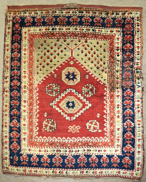 Small 19th century Bergama prayer rug, soft wool, generally intact with some old repair at the top left corner and middle right of the field. Enjoyable as 8s or can be restored.  ...