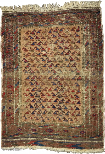 Small camel-ground Baluch rug with zoomorphic looking botehs. Very cute piece with some damage but complete. size= 26"x37"               