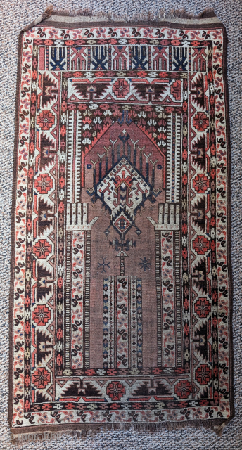 Not my typical listing, an old but not ancient mid 20th century Afghan Ersari prayer rug with super graphics and huge hands on top of columns. The red is hot and tip ...