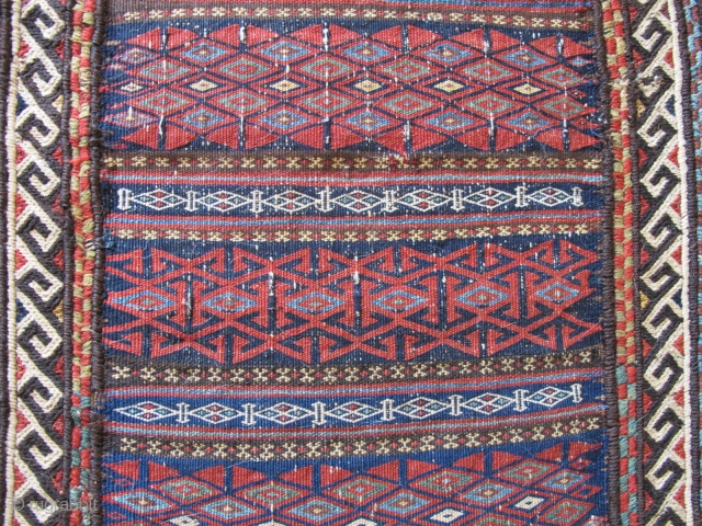 Very Rare, Very Old Complete Khorosan Quchan Kurd? ( or perhaps Khorosan Afshar ? )Double Saddle Bags (Khorjin). Bagfaces are done in bands of colorful floating weft work with wool and goat-hair  ...