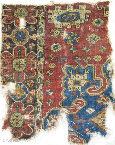 3 Fragments from a Significant Near Eastern Carpet found in Tibet. Most probably 17th century based on design and relation to classical prototypes from northwest Persia. These fragments are structurally a little  ...