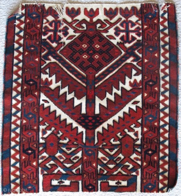 Exceptionally graphic Turkmen tentband fragment, velvety pile, vivid natural color including a few silk highlights. There are two clean easily repairable rips, otherwise in good shape.       