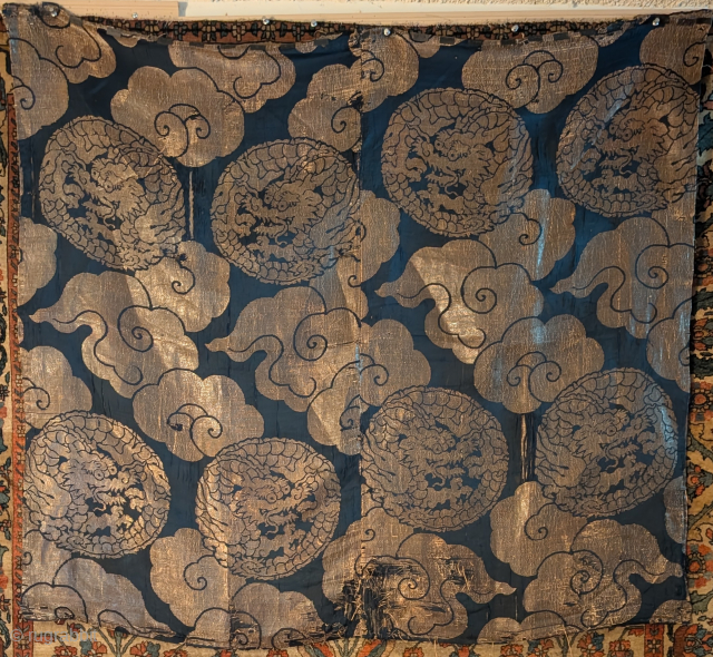 Japanese Edo period silk with metal thread temple banner. Calligraphy on cotton backing denotes the patron and monastic institution. Circa 1800-1825. Smaller, perhaps identical piece is in the collection of the Art ...