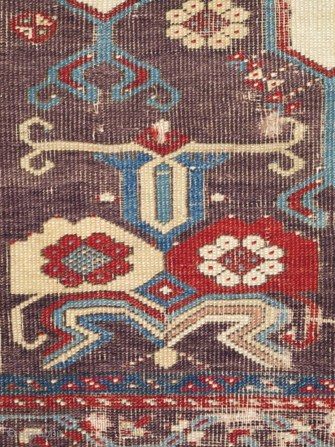 Ladik Prayer Rug with Double-Columns as well as Double Spandrels. Rare and beautiful white ground and exceptional aubergine and red spandrels. circa 1770, mounted and conserved. a fantastic example. size= 3'7"x 5'7"
 