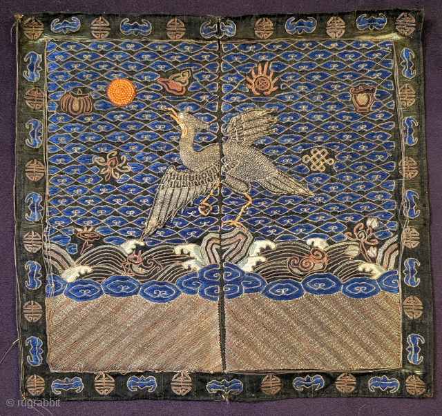 Chinese 'rank badge' (buzi) with a crane. Silk embroidery incorporating metal threads.                     