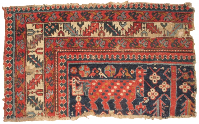 Northwest Persian Shahsevan pile fragment with a large polka-dotted quadrupedal animal, birds, trees, and a somewhat anatomically correct human male figure. Excellent wool and weave. Great color, which is not fully conveyed  ...