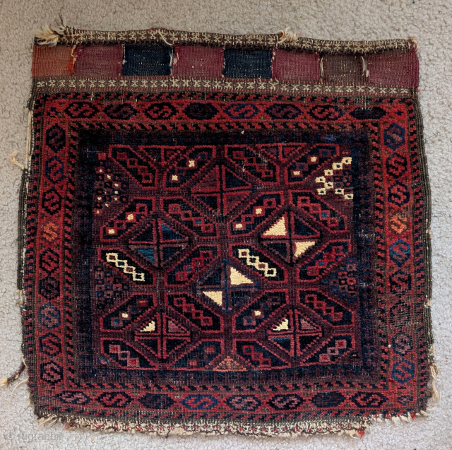 Purple ground Baluch bag face with cotton white pile. Former James Douglas Collection                    