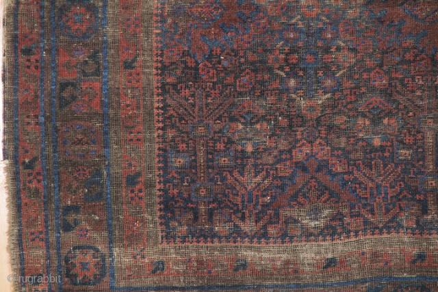 Classic Timuri type Baluch Prayer Rug, excellently and finely drawn with trees and shrubs on a blue ground. Worn, especially at the top, with corrosion as well, a great sumak bottom portion,  ...