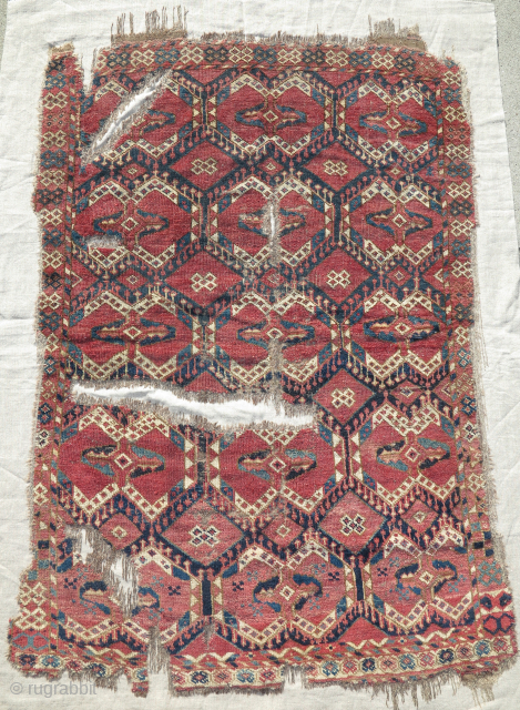 Bashir or Uzbek rug with an ikat design (ak kymak). Fragmented, mounted, and conserved, 3'1"x4'5"