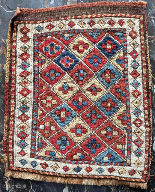 Shahsevan pile bag face, two reds, two blues, green and gold. Red wefted, all natural color, good age               