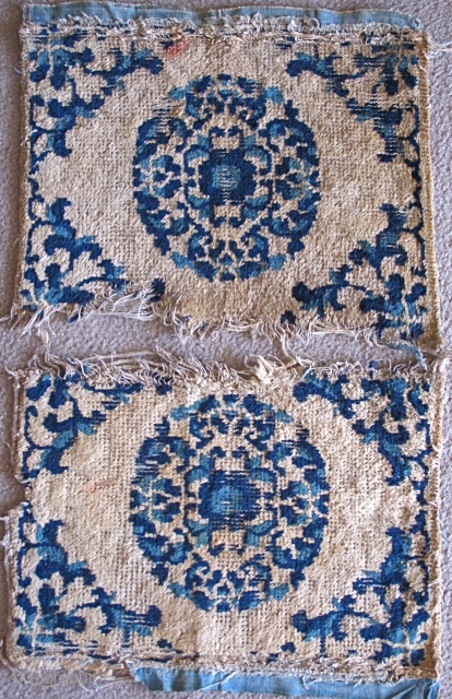 Pair of Small Chinese Ningxia Squares with Roundels. Almost dainty, nicely drawn with two blues. Warp is hand-spun cotton. Weft is a combination of hand-spun cotton and wool. (Each square measures apx.  ...