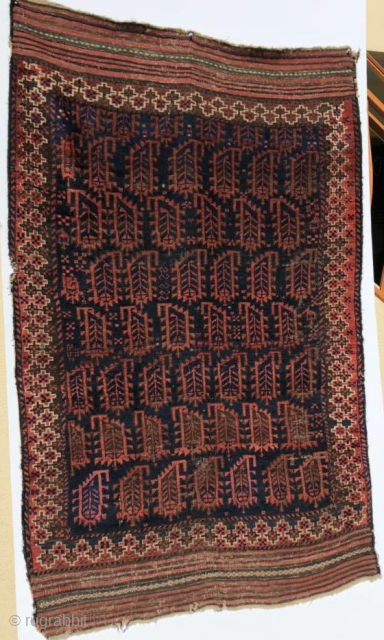 Timuri type Baluch rug with 'scorpion' boteh field and a border more typically seen in flat weaves. Very moody. Larger than most scatter rugs, great handle.       