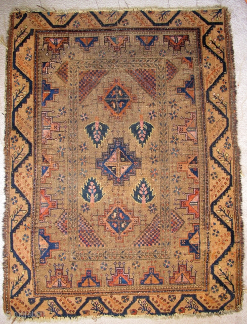 Afluch: not quite Afshar, not quite Baluch, but more Baluch than Afshar? it is asymmetric open left with goat hair weft, dyed khaki field with natural camel border. Highlights with cochineal and  ...