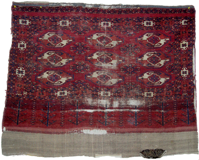 Oldest of this type around. Large Kizyl Ayak Turkmen chuval, great weave, floppy handle, beautiful spacing, and rich saturated colors. a portion of the grey flatwoven back is still preserved and as  ...