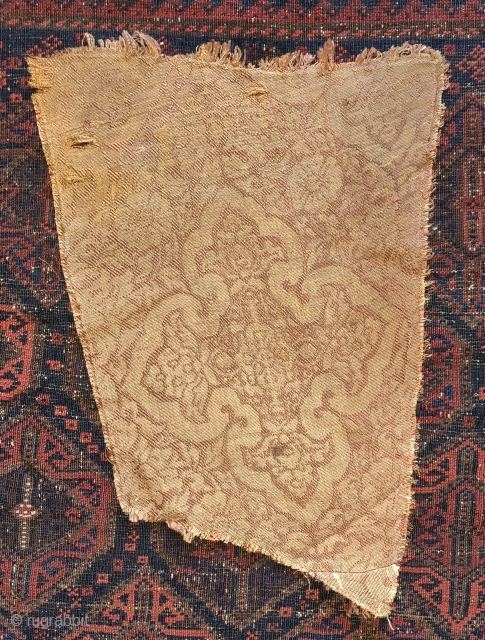 Mongol era silk lampas weave textile fragment. 13th century. Could have been woven anywhere from Il-Khanid Iran to Yuan China but likely Central Asia.         