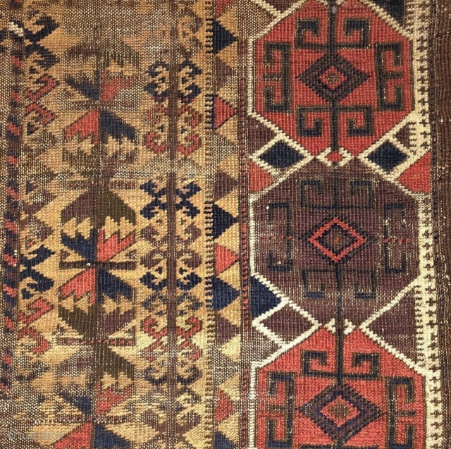 camel ground Baluch rug. Intriguing design with a border inspired by Shahsevan sumaks. Finely woven but with corrosive browns and obvious wear. Flat back and 4 chord goat selvedge. 2'9"x4'2"
Ask about this 