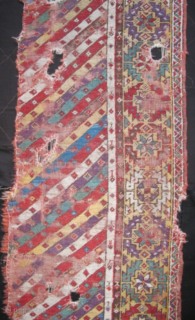 Central Anatolian ( Mucur / Kirshehir ) Striped Rug Fragment with exceptional color. Great purple, greens, light blue, madder red, yellow, etc.           