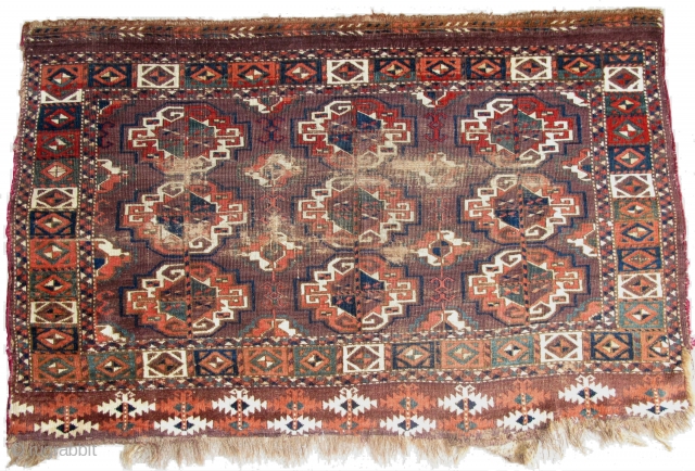 Chodor Chuval, large Turkmen bagface with large well-spaced chuval guls. Saturated madder-red abrash, greens, blue-greens, and slate blue.               