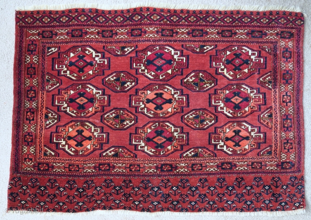 Salor Turkmen chuval, asymmetric knot open left, classic Salor depressed weave and iconic drawing but young enough to use azo dye. Still antique, 19th century but priced accordingly.     
