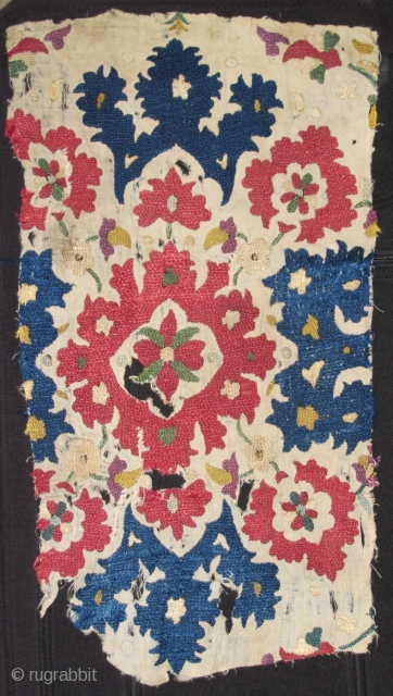 Ottoman style Algerian embroidery fragment circa 1800 or perhaps 18th century. Great color including a double dyed purple.               