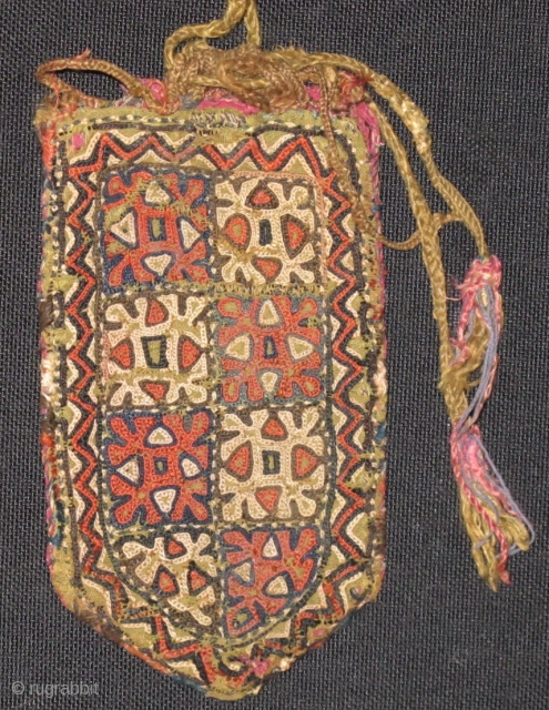 small Turkmen embroidered pouch. Probably Chodor or Yomut.                         