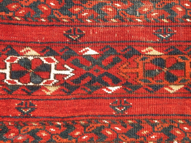 Banded Central Asian Chuval, all cotton whites, slightly different drawing and array of ornament than most others of this type. Saturated madder red ground. Probably Ersari or another eastern Turkmen group from  ...