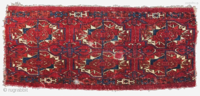 Six Gul Tekke Torba, a great honest earlier example with velvety pile, great wool quality, and color. Obvious condition issues.             