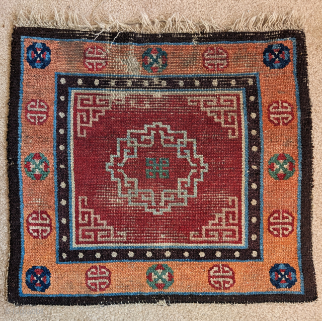 Colorful Tibetan khagangma seating square. Elegant drawing, older type with some wear, all natural dyes.
