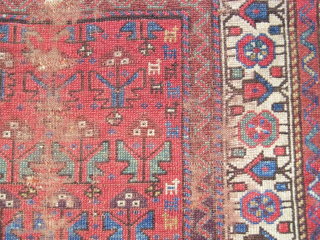 Cute Northwest Persian Kurdish Shrub Rug with little animals in the field. Clear colors including purple, greens, yellow and blue. 6'10" x 3'4"          