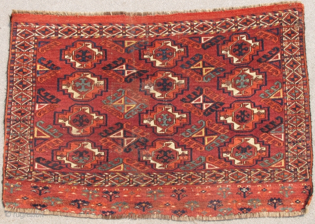 Kizyl Ayak Chuval, several greens and prominent yellow, dyrnak gul minors, a couple of small holes that have been rewoven with kashmiring as seen from back details. size is 47"x32" (120x80cm)  