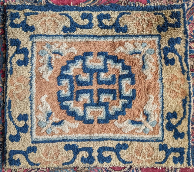 Small Gansu Chinese square with a fret medallion and butterflies                       