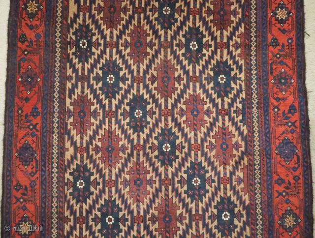 Baluch camel ground rug with an asmalyk design and minakhani border. Camel warp as well. Size is about 3'6"x 7".