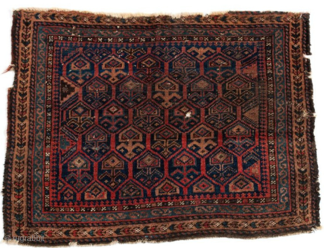 Baluch shrubs in lattice bag, nice and diverse color, dark weft, larger size than most (30"x24").There are a few knots on blue cotton at the bottom. Former James Douglas collection.
