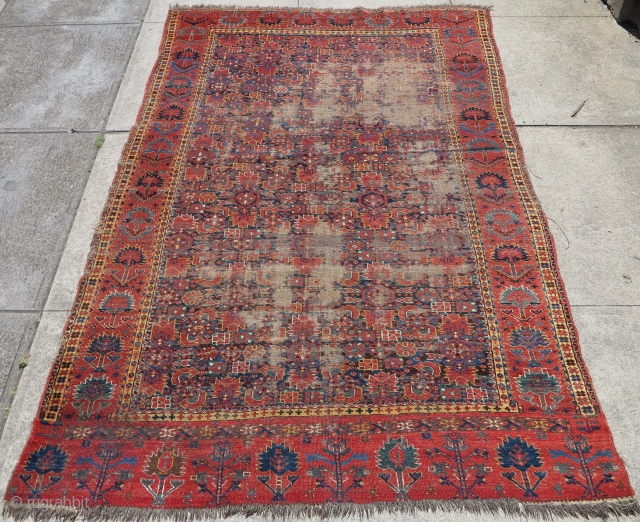 Super colorful Bashir Central Asian / Middle Amu Darya area carpet. older than most. Worn but more or less complete with an elem on one end and a border on the other.  ...