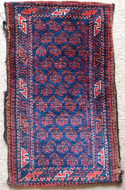 Complete antique Baluch balisht. Great wool , saturated natural color, complete striped back and gist hair fasteners still intact.              