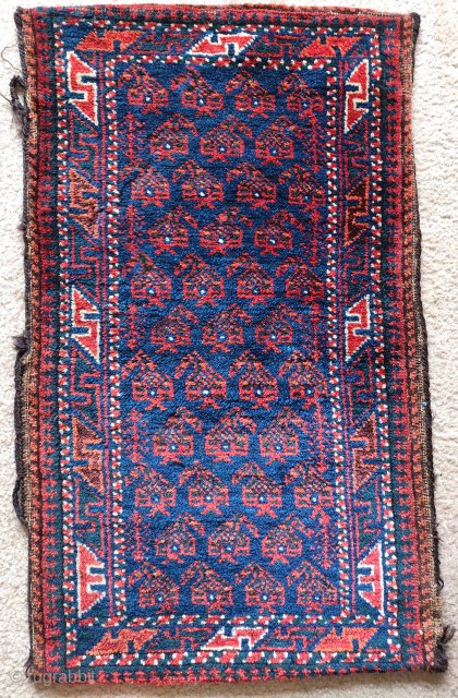 Complete antique Baluch balisht. Great wool , saturated natural color, complete striped back and gist hair fasteners still intact.