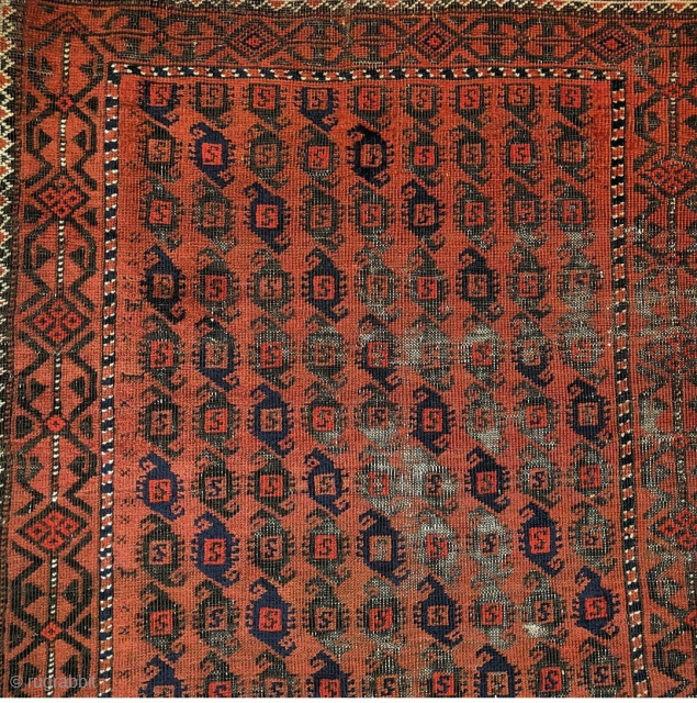Small cinnamon ground Baluch rug with a 'scorpion' boteh field.