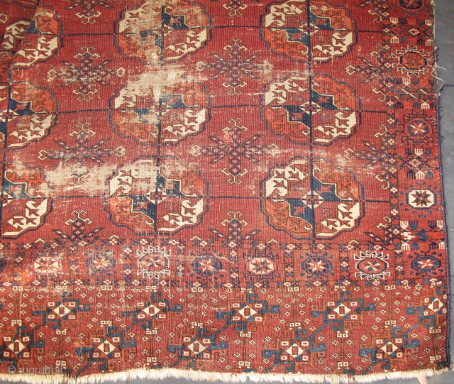 Tekke Square Mat, large guls, great elem, intriguing borders, fine handle, very old. (4'1"x4'2" 123x125cm)
                  