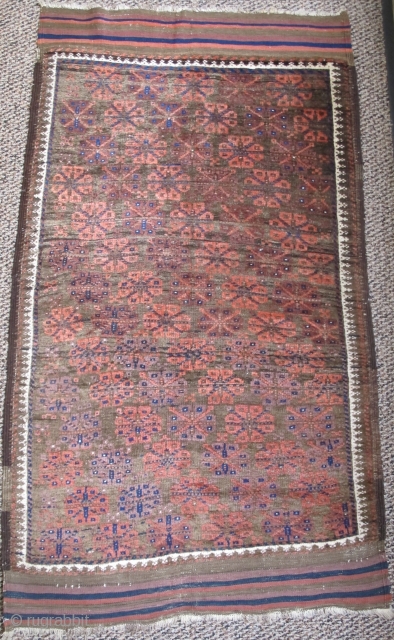 Baluch rug with super glossy soft wool. Drawn with no main border only a guard. kilim largely preserved, great condition!             