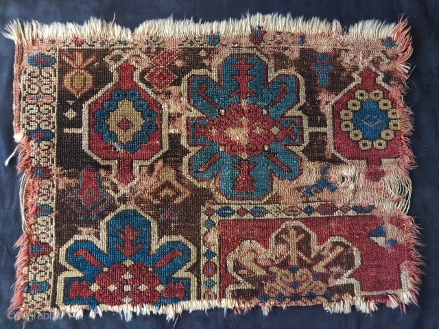 corner fragment from a so-called 'Tibetan Group' or 'Golden Triangle' rug. Woven in the Northwest Persia/ Eastern Anatolia border region sometime around 1700 or slightly before. Likely sourced in Tibet within the  ...