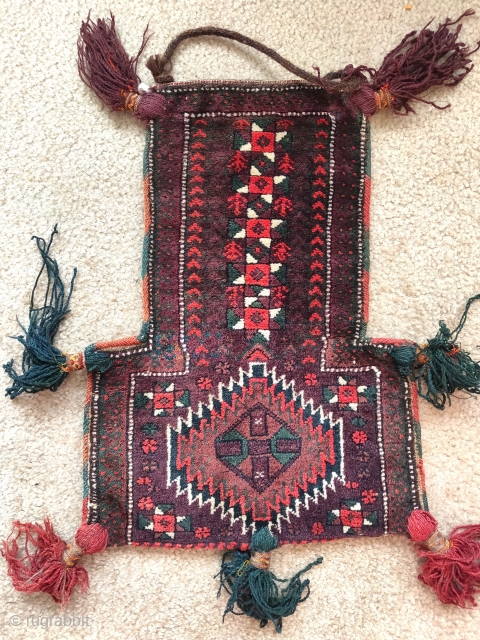 Double-sided pile Baluch salt bag, Sistan area, great condition complete with goat hair carrying chord, 36x50cm                 