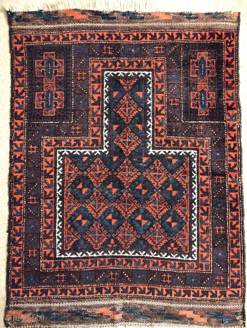 Large, very rustic / tribal Baluch prayer rug. Amazingly soft wool, all good colors.verx unusual back. Lots of Aubergine! Western Afghanistan, perhaps somewhere outside of Herat? 105x148cm