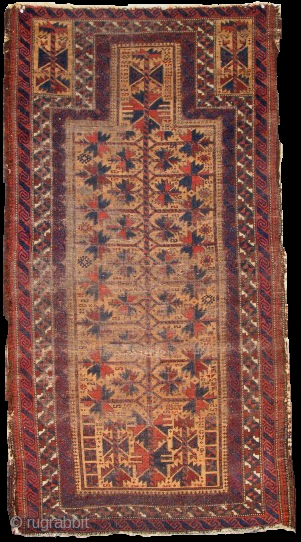 Baluch Camel-Ground Prayer Rug, strong graphics with mihrab references at the bottom as well. small areas with pink weft. 34"x66"             