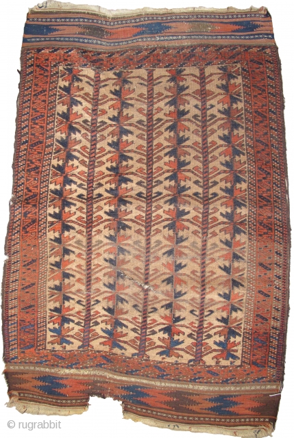 Camel Ground Baluch Rug with Trees, small size, great drawing, perhaps a bit more curvilinear than most with a bite nibbled out of the bottom kilim, a few repaired slashes. Nice abrash.  ...