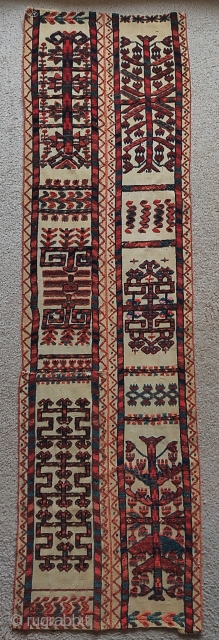 Tekke Turkmen tent band fragments. Very nice color, a little bit of silk. Available as a pair or individualy. 
Size= 8.5"x68" each           