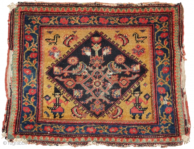 Interesting Senneh or related west Persian bagface with Qajar soldiers bearing swords and birds in the corners, nice wool and saturated natural colors including a great yellow ground. apx. 26"x 20"  