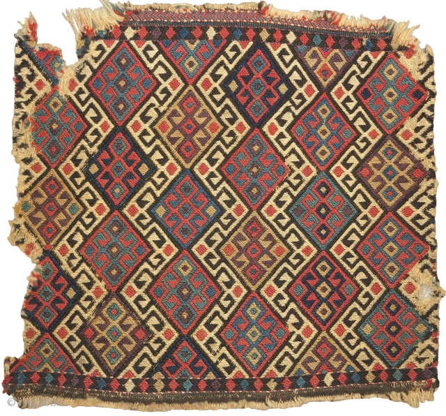 Northwest Persian flatwoven bag. Probably Kurdish. Not quite ' reverse sumak '. One side is flat while the other is more textured. Great colors including aubergine. Maybe Shahsevan Kurd?    